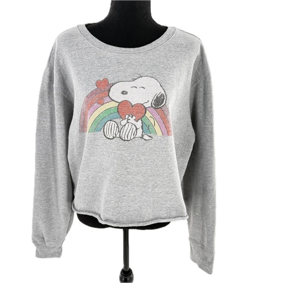 Peanuts Snoopy Rainbow Hearts Cropped Sweatshirt Distressed Heather Gray Size XL - Picture 1 of 11